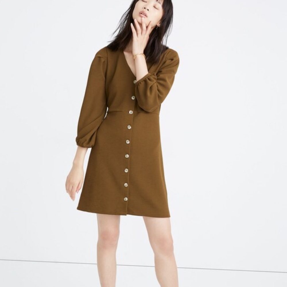 NWT Medium Madewell Crepe Balloon-Sleeve Long Sleeve Asparagus Olive Green Dress